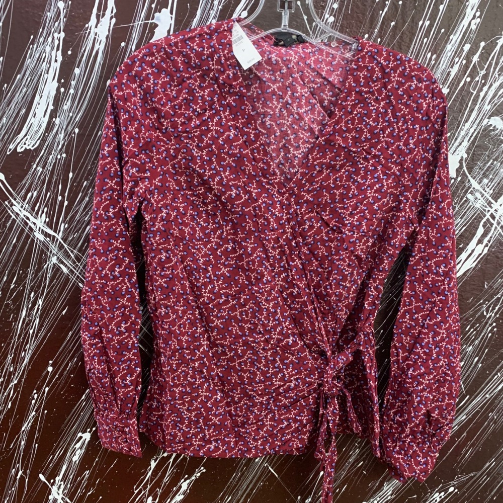 Talbots Petite Red Floral Berry Wrap Top Long Sleeve Rayon Blouse P New